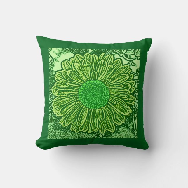 Gerbera Daisy Block Print, Lime & Emerald Grönt Kudde (Framsida)