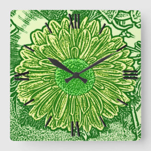 Gerbera Daisy Block Print - lime green Fyrkantig Klocka