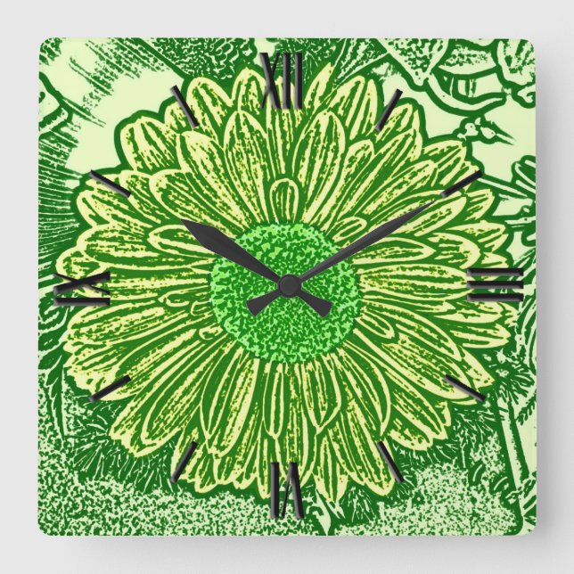 Gerbera Daisy Block Print - lime green Fyrkantig Klocka (Framsida)