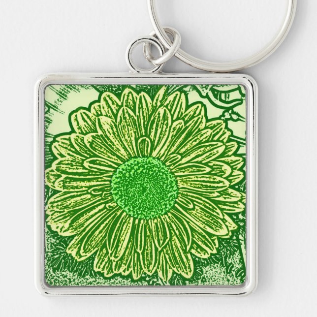 Gerbera Daisy Block Print - lime green Fyrkantig Silverfärgad Nyckelring (Framsidan)