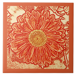 Gerbera Daisy Block Print, Mandarin Orange Kakelplatta