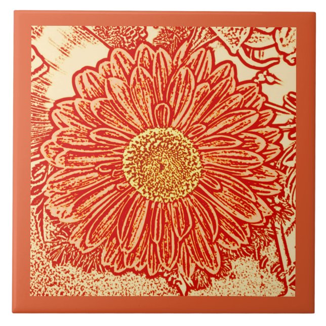 Gerbera Daisy Block Print, Mandarin Orange Kakelplatta (Framsidan)