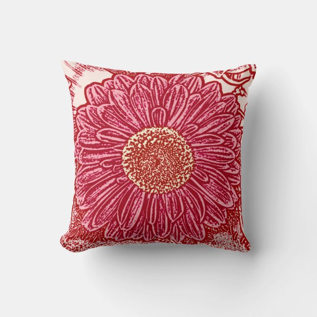 Gerbera Daisy Block Print - Maron and rosa Kudde (Framsida)
