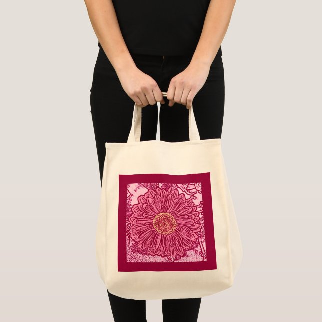 Gerbera Daisy Block Print, Maroon och Rosa Tygkasse (Framsida (produkt))