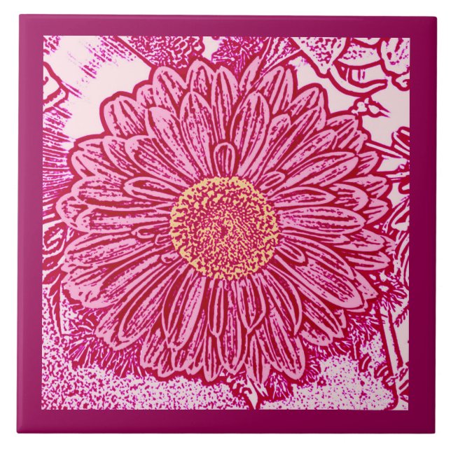 Gerbera Daisy Block Print, Maroon & Pastel Rosa Kakelplatta (Framsidan)
