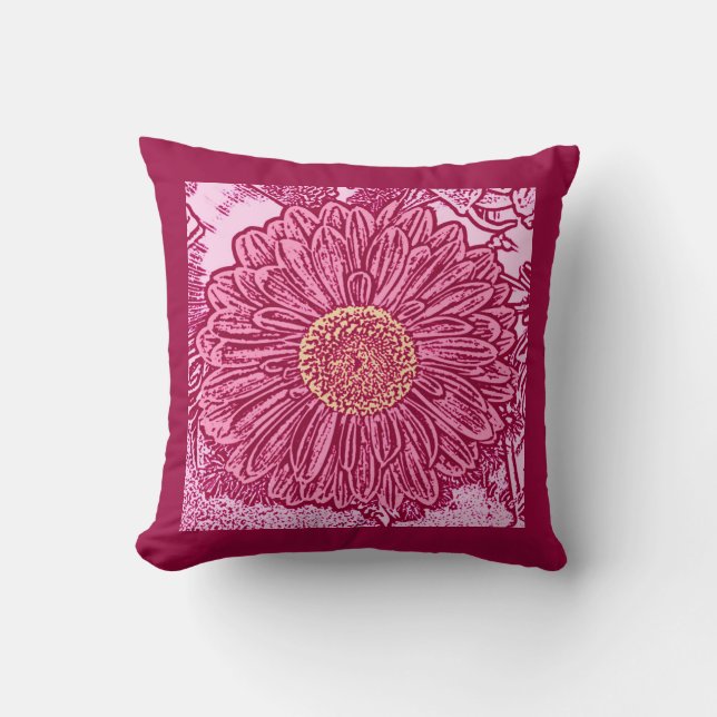 Gerbera Daisy Block Print, Maroon & Pastel Rosa Kudde (Framsida)