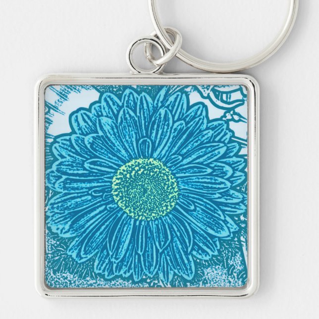 Gerbera Daisy Block Print - sea blue Fyrkantig Silverfärgad Nyckelring (Framsidan)