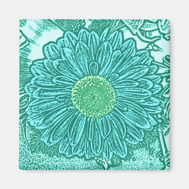 Gerbera Daisy Block Print - Shades of aqua Magnet (Framsidan)