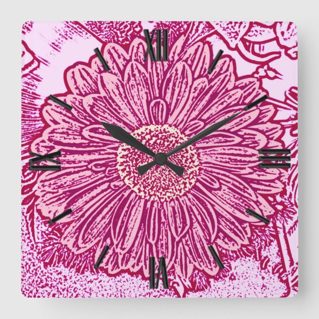 Gerbera Daisy Block Print - skuggor av rosa Fyrkantig Klocka (Framsida)
