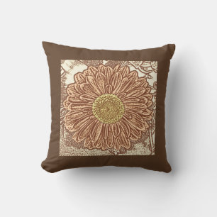 Gerbera Daisy Block Skriv ut - brun och brun Kudde