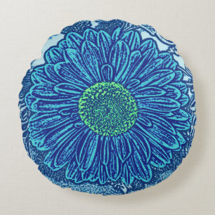 Gerbera Daisy Blocktryck, Cerulean & Indigo Blå Rund Kudde