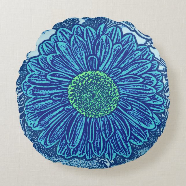 Gerbera Daisy Blocktryck, Cerulean & Indigo Blå Rund Kudde (Framsidan)