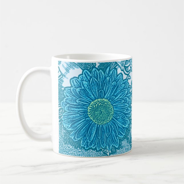 Gerbera Daisy Blocktryck - havsblå Kaffemugg (Vänster)