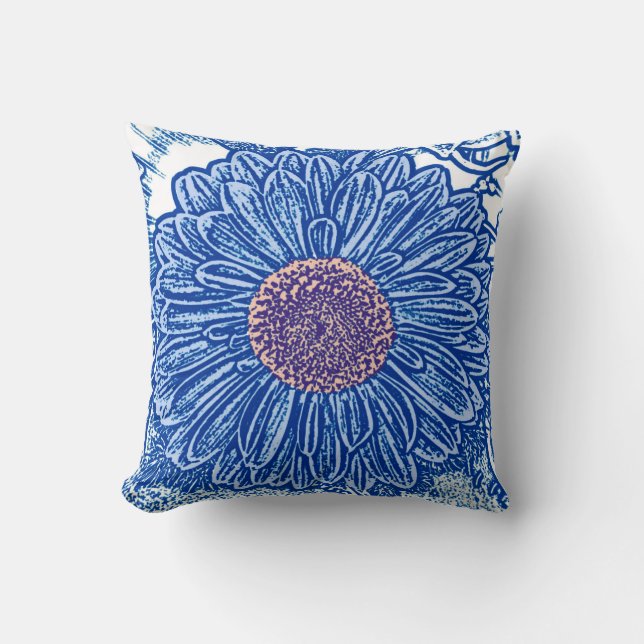 Gerbera Daisy Blocktryck - koboltblå Kudde (Framsida)