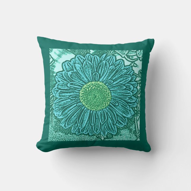 Gerbera Daisy Blocktryck, Ljust Aqua & Turkos Kudde (Framsida)