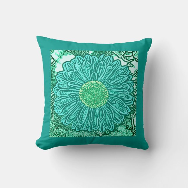 Gerbera Daisy Blocktryck - nyanser av akva Kudde (Framsida)