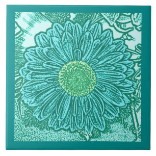 Gerbera Daisy Blocktryck, Turkos och Aqua Kakelplatta