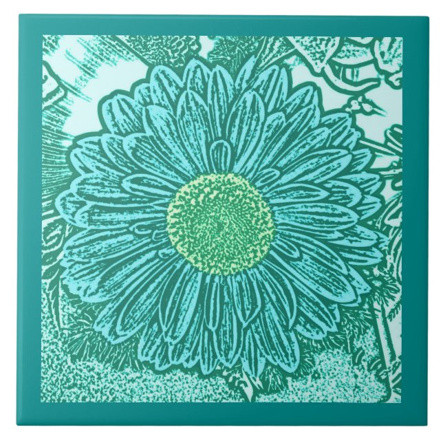 Gerbera Daisy Blocktryck, Turkos och Aqua  Kakelplatta (Framsidan)