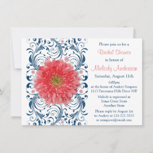 Gerbera Daisy Coral Navy Blue Blommigt Möhippa Inbjudningar