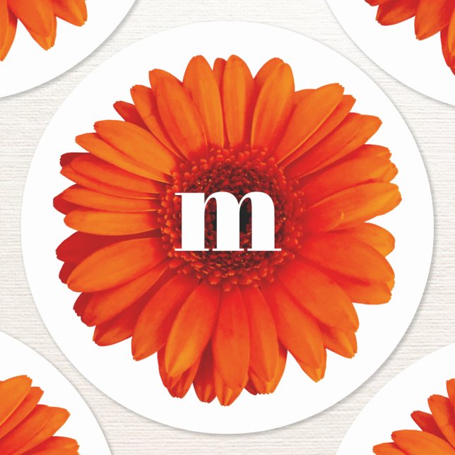 Gerbera Daisy Monogram Initial Runt Klistermärke (Modern monogram initial personalized gerbera daisy stickers)