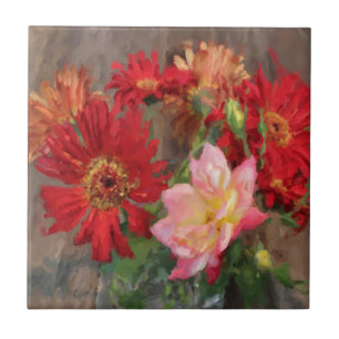 gerbera daisy och bukett med rosor oljemålning kakelplatta