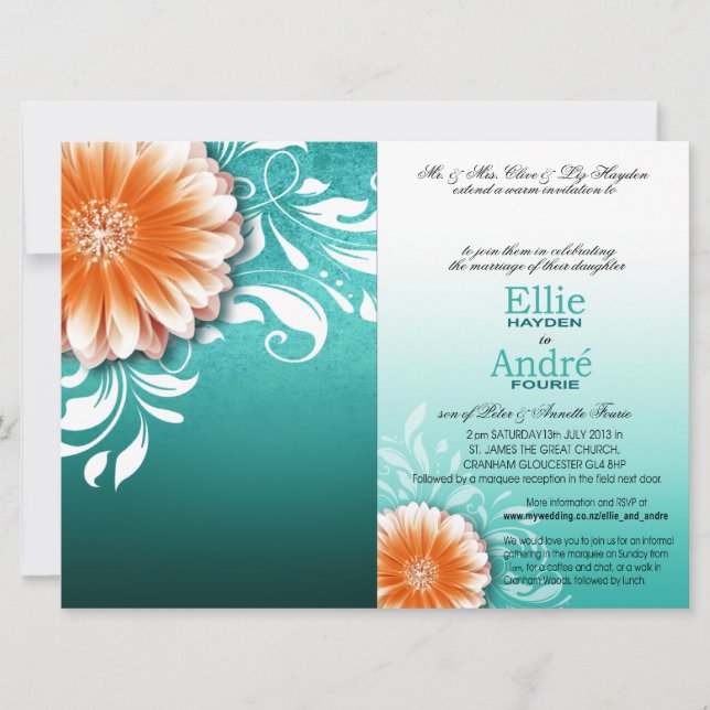 Gerbera Daisy Orange Aqua Pocket Cover Inbjudningar (Framsida)