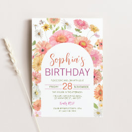 Gerbera Daisy Watercolor Blommig Valvbåge Födelsed Inbjudningar