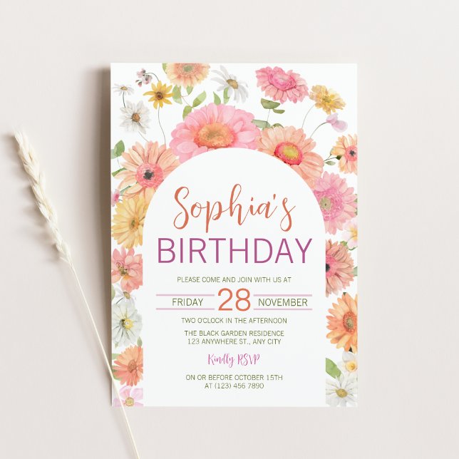 Gerbera Daisy Watercolor Blommig Valvbåge Födelsed Inbjudningar (Gerbera Daisy Watercolor Floral Arch Birthday Invitation)