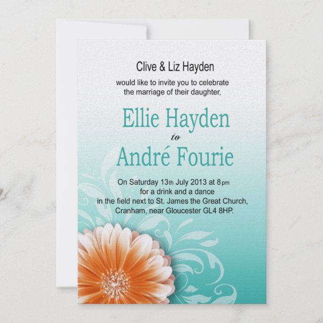 Gerbera Tusenfryd Orange Aqua Endast Kväll Inbjudningar (Framsida)