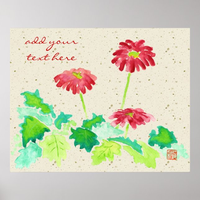 Gerbera Watercolor Painting Red Grönt Washi Papper Poster (Framsidan)