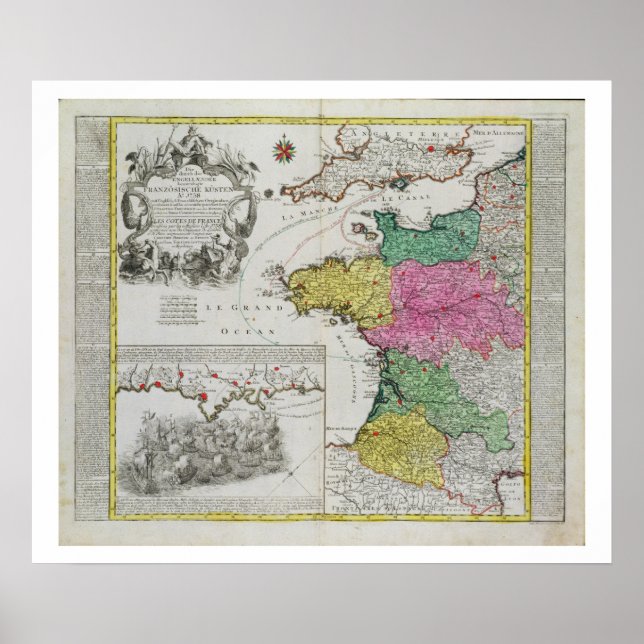 German Map showing English naval attacks on French Poster (Framsidan)