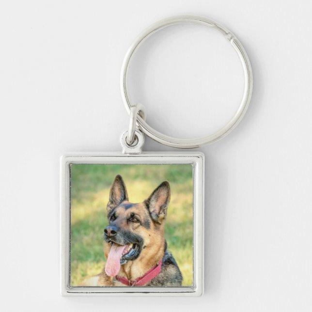 German shepard fyrkantig silverfärgad nyckelring (Framsidan)