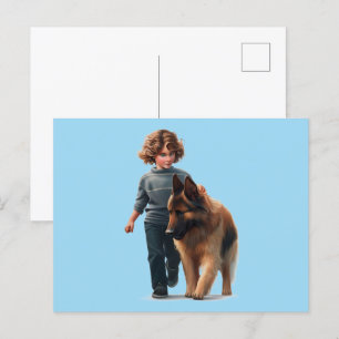German shepard och pojke vykort
