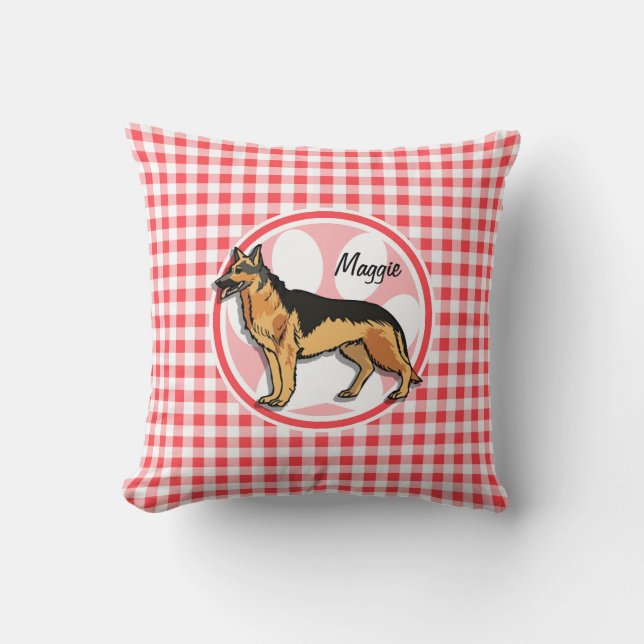 German shepard; Red and White Gingham Kudde (Framsida)