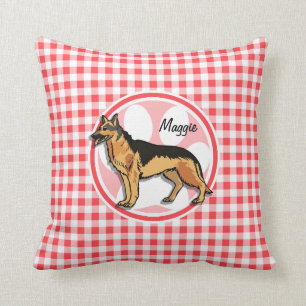 German shepard; Red and White Gingham Kudde