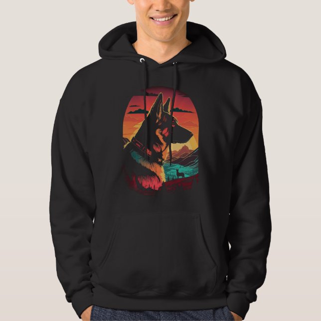 German Shepherd 80s Sunset Vintage Retro Style Hoodie (Framsida)