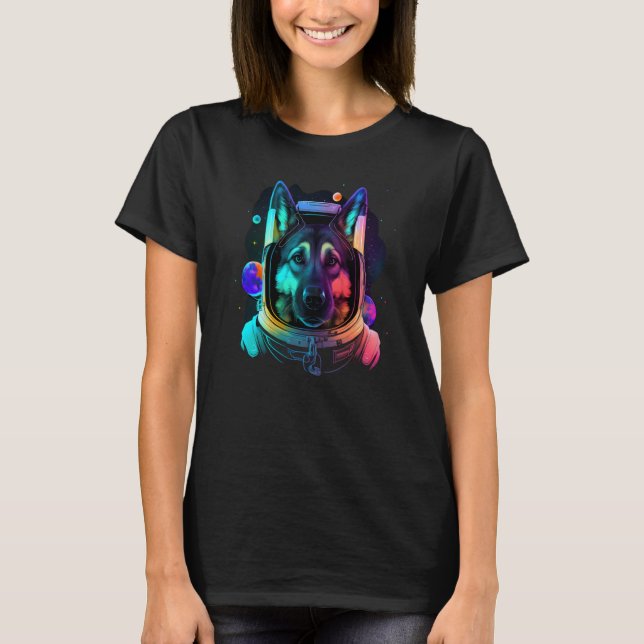 German Shepherd Astronaut in Space Cool Dog Fun Co T Shirt (Framsida)