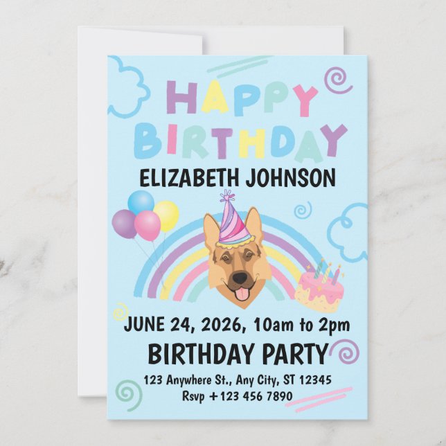German Shepherd Birthday Invitation in Blue Inbjudningar (Framsida)
