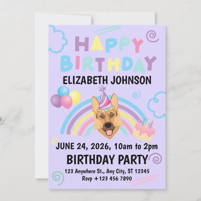 German Shepherd Birthday Invitation in Purple Inbjudningar (Framsida)