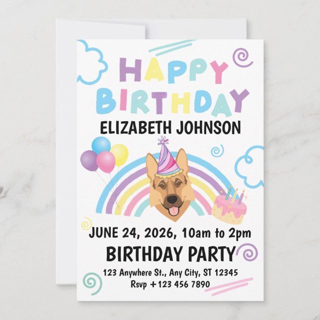 German Shepherd Birthday Invitation in White Inbjudningar (Framsida)