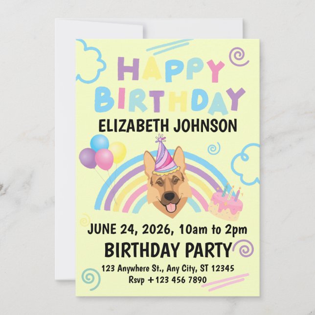 German Shepherd Birthday Invitation in Yellow Inbjudningar (Framsida)