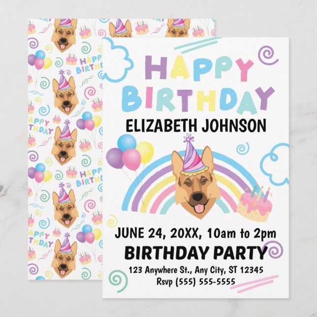 German Shepherd Birthday Invitation  Inbjudningar (Fram/baksida)