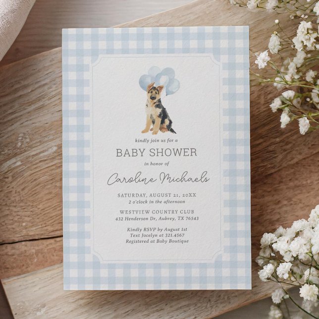 German Shepherd Blue Gingham Baby Shower Inbjudningar (Skapare uppladdad)