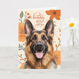 German Shepherd Bold Retro Orange Flowers Birthday Kort
