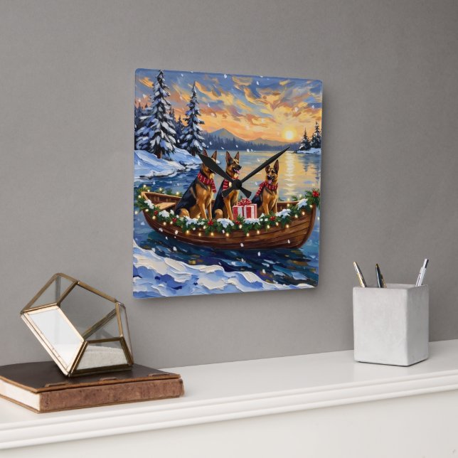 German Shepherd Christmas Boat Holiday Fyrkantig Klocka (Kontor)