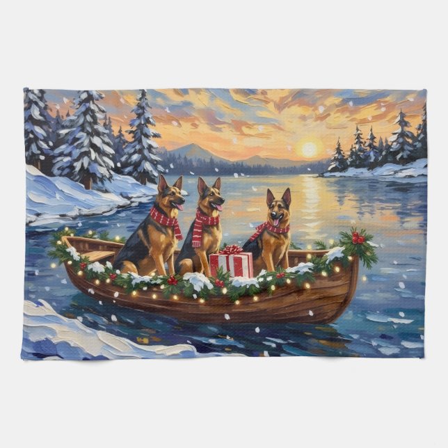 German Shepherd Christmas Boat Holiday Kökshandduk (Horisontell)