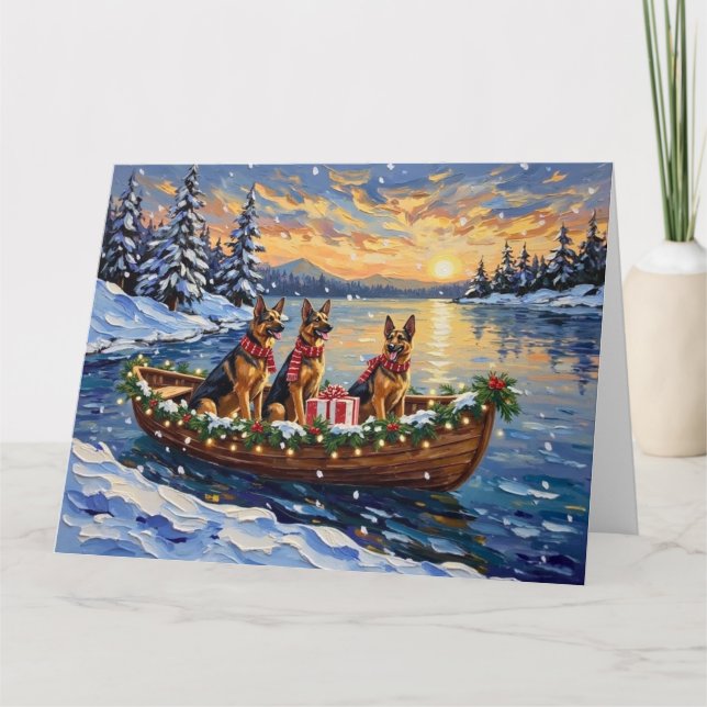 German Shepherd Christmas Boat Holiday Kort (Framsida)