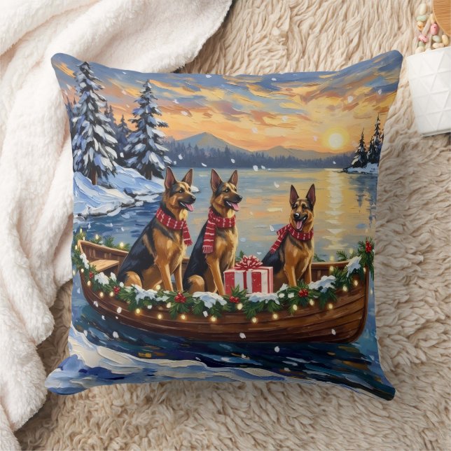 German Shepherd Christmas Boat Holiday Kudde (Filt)
