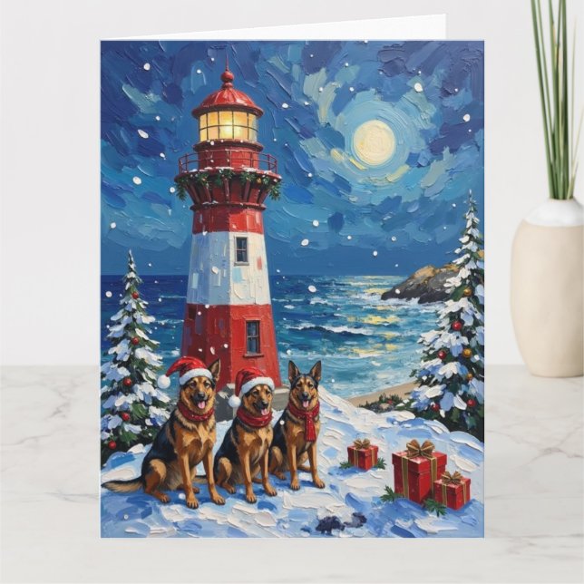 German Shepherd Christmas Lighthouse Holiday Kort (Framsida)