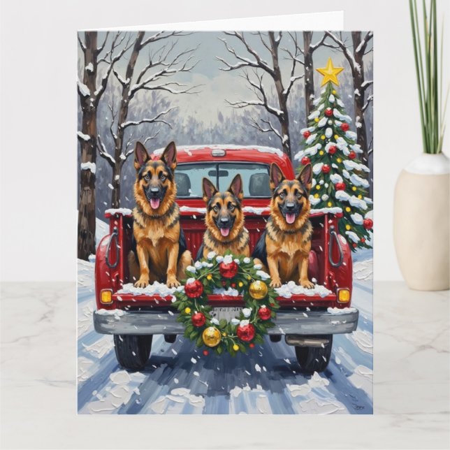 German Shepherd Christmas Red Truck Holiday Kort (Framsida)